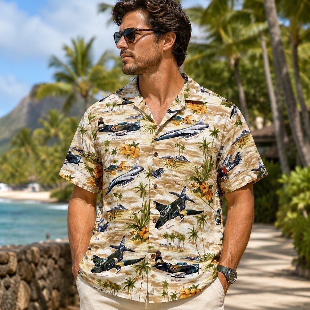 Kalaheo Hawaii USA Military Fighter Jet Planes Aloha Hawaiian Shirt Men’s S Camp